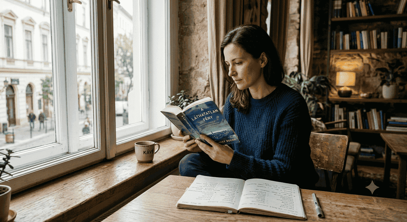 Femme lisant un livre en langue étrangère près d’une fenêtre, avec un carnet ouvert sur la table